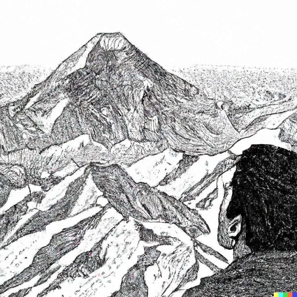 someone gazing at Mount Everest, stipple drawing